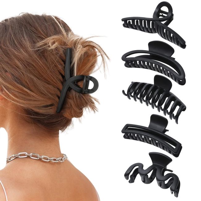 5PCS Large Claw Hair Clips for Thick Hair Big Banana Hair Clips for Women Nonslip Strong Hold Hair Claw Clip (Matte Black)