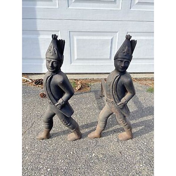 Pair Of Antique Andirons Fireplace Hessian Soldiers 21” Tall