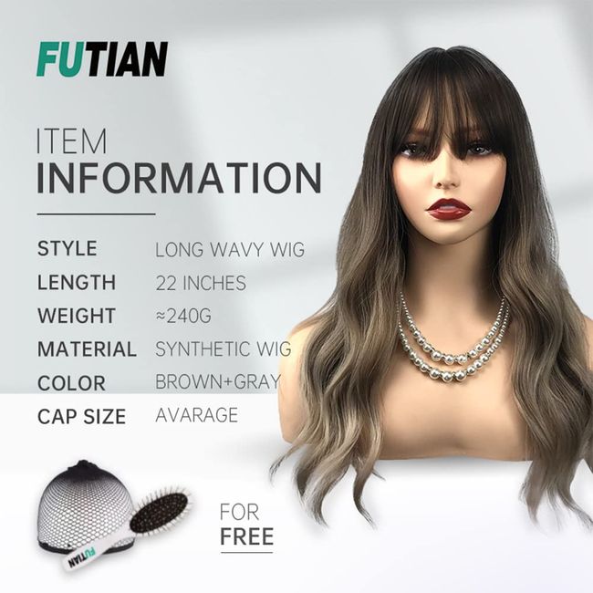 FUTIAN Realistisch Perücken für Frauen Aschbraun bis Grau Wigs mit Pony Synthetic Haar 55cm（hergeben Kamm und Haarnetz）