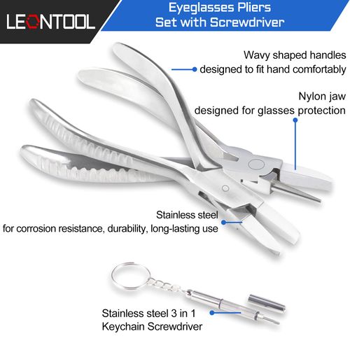LEONTOOL Round & Nylon Jaw Eyeglasses Frame Pliers Nylon Jaw Pliers for Eyeglasses 2 PCS Eyeglass Repair Kit with Eyeglass Repair Screwdriver Optical Pliers Set Eye Glasses Adjusting Pliers
