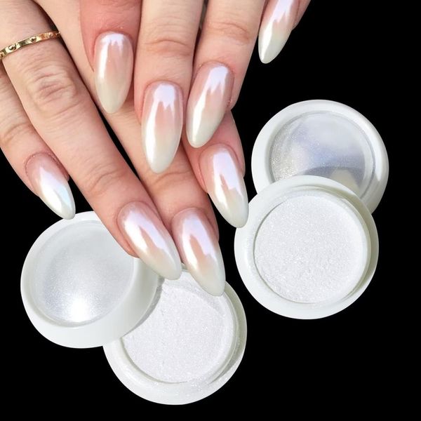 Weiße Perle Chrome Nail Powder- 2PCS Chrom Nagelpuder Nail Art Glitter Glassy Pearl Effect Nail Powder Schimmer Chrom Pigment Pulver für Chrome nails und Glazed Donut Nails für DIY-Salon