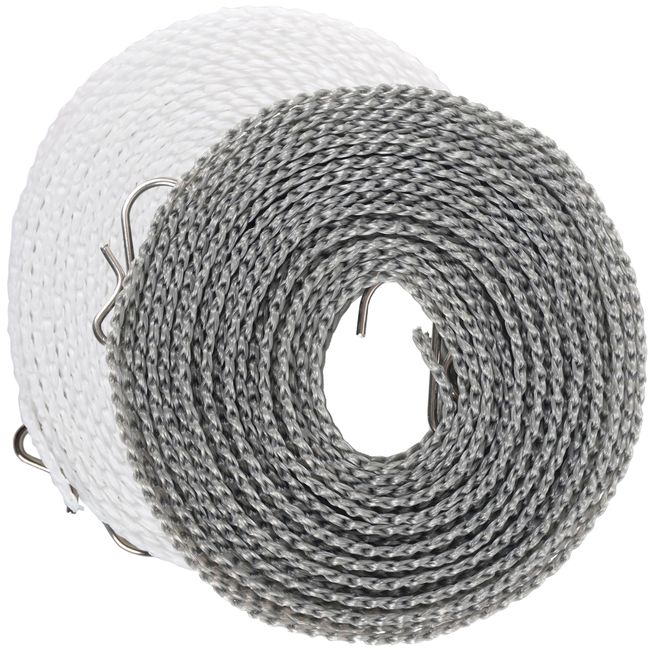 AMUU Laundry Rope, Travel, Laundry Drying Rope, Set of 2, Approx. 16.4 ft (5 m), Windproof, Drying Rope, Slit Included, Stop, Portable, Convenient, Camping, Rainy Season, Room Drying, Elastic Drying Rod (White, Gray)