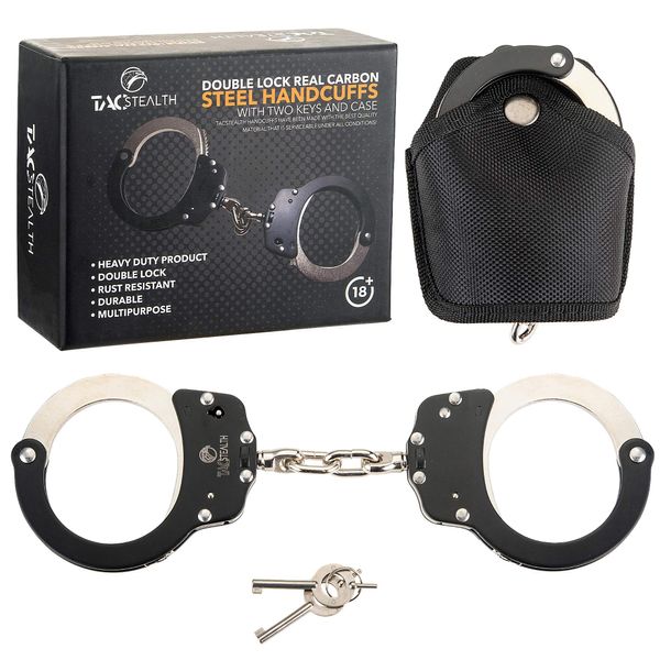 TacStealth Handcuffs with Two Keys & Handcuffs Case| Heavy Duty Black and Silver Steal Professional Grade | Bend/Break Free Secure Handcuffs