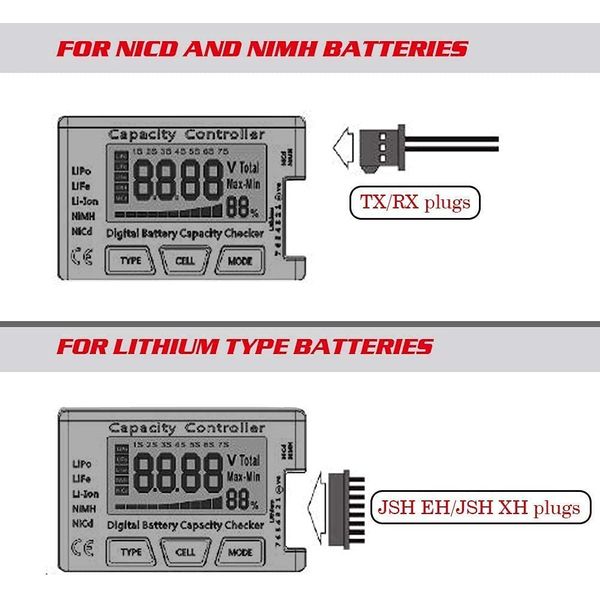 ARCELI Digital Battery Capacity Tester, Spannungsprüfer für Batteriekapazität Controller-Tester mit LCD für LiPo Life Li-Ion NiMH-Batterie