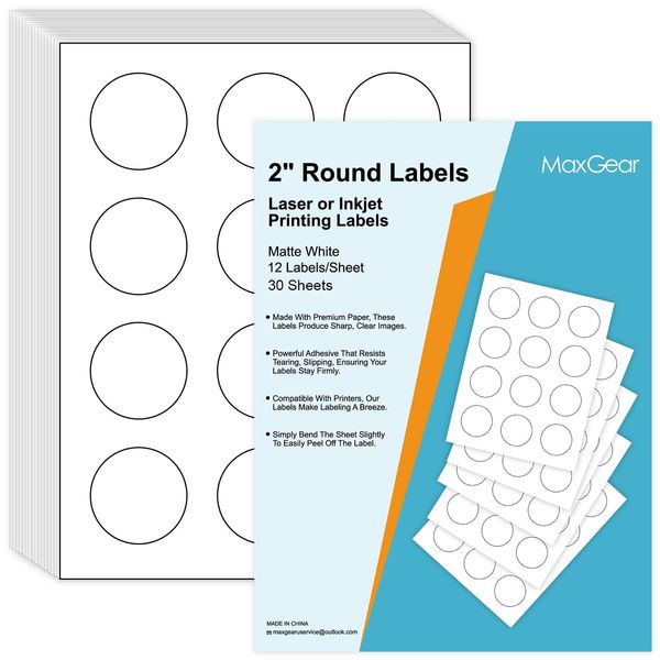 MaxGear 2" Round Sticker Labels, for Inkjet or Laser Printer, Matte White Printable Labels Sheets, Strong Adhesive, Dries Quickly, Holds Ink Well, 30 Sheets, 360 Labels