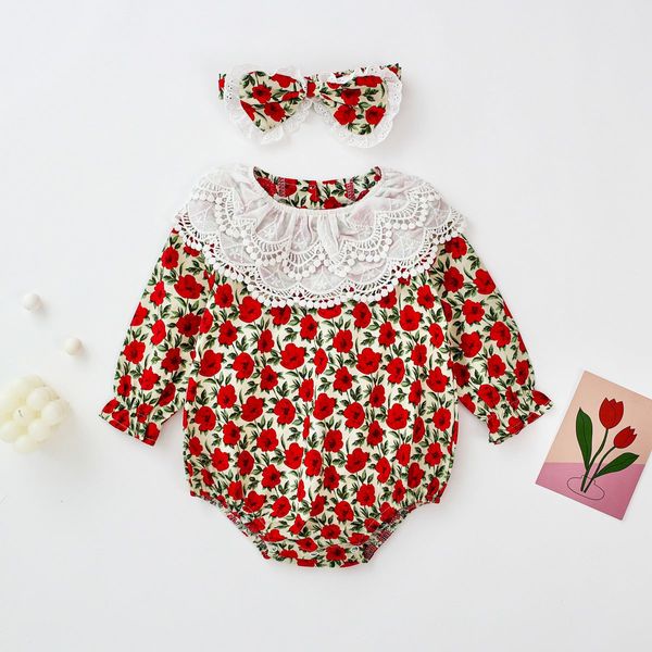 Baby Girl Flower Pattern Labeled Collar Design Long Sleeve Bodysuit - 73 (6-9M) / Red