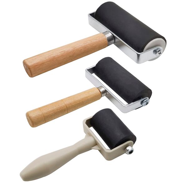 3 Pack Rubber Brayer Roller,1.4/2.4/4 Inch Hard Rubber Brayer Rollers,Art Craft Roller for Printmaking,Ink,Wallpapers Stamping Gluing