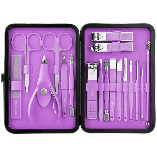 Manicure Set Nail Clippers Kit 18 Pcs Professional Pedicure Set Sharp and Durable Stainless Steel Nail Care Tools for Men Women With Luxurious Travel Case (Violet)