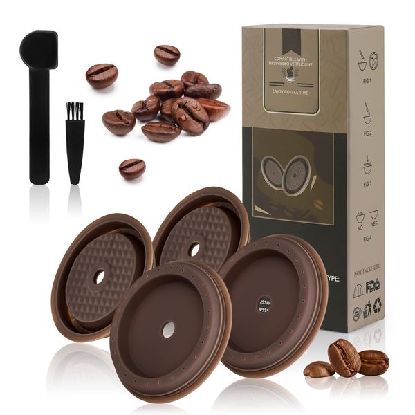 Reusable Coffee Capsule Lid, Compatible with Nespresso Vertuo Pods and VertuoLine Capsules, Coffee Filter Refillable, Food Grade Silicone with Spoon and Brush - Pack of 4 (Brown)