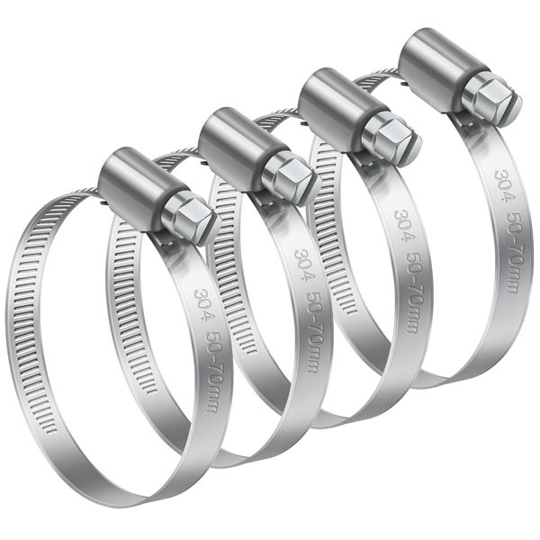 Bolatus 50-70mm Hose Clips Adjustable, 4 Pcs Hose Clamps 304 Stainless Steel Worm Drive Hose Clips for Securing Hose Connections Home Gas Pipe Water Pipe and Fuel Line Flexible Hose Pipe Tube