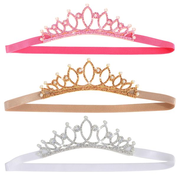 WHAVEL 3 Pack Elastic Crown Headbands for Little Girls Glitter Princess Tiara Headband for Girls Hair Bands Birthday Hair Accessories for Children Girl Gifts