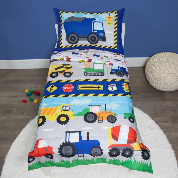 Baby Boom Funhouse Construction Area 4 Piece Toddler Bedding Set, Trucks – Includes Comforter, Sheet Set – Fitted + Top Sheet + Reversible Pillowcase for Boys Bed, Blue