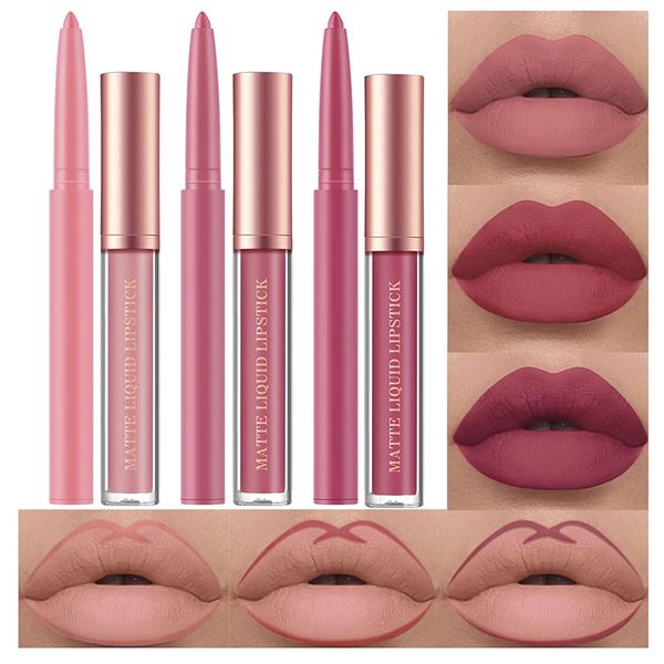 Set di 6 rossetti opachi Velvety Nude Lipstick Stay On 24 ore Waterproof Non-Stick Cup Not Fade Liquid Lipstick Make up Set Nude Lip Liner Lip Gloss Make Up Gift Set (# A, 1)