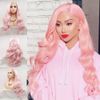 Pink Wig Glueless Lace Front Wigs Long Curly Wavy Pastel Peach Pink Real Hair Wigs for Women Handmade Synthetic Lace Front Wigs Pre Plucked Heat Resistant Cosplay Drag Queen colorful women's wigs 24"