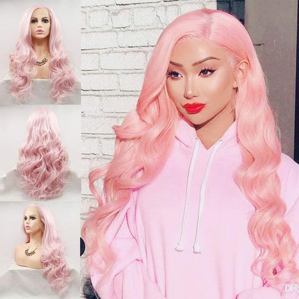 Pink Wig Glueless Lace Front Wigs Long Curly Wavy Pastel Peach Pink Real Hair Wigs for Women Handmade Synthetic Lace Front Wigs Pre Plucked Heat Resistant Cosplay Drag Queen colorful women's wigs 24"