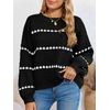 Saodimallsu Damen Pullover Oversize Herbst Strickpullover Elegant Winter Gestreifte Pulli Puffärmel Rundhal Jumper, Schwarz, L