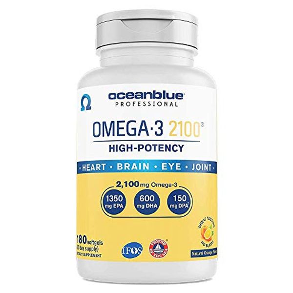 Oceanblue Omega-3 2100 – 180 ct – Triple Strength Burpless Fish Oil Supplement with High-Potency EPA, DHA, DPA – Wild-Caught – Orange Flavor (90 Servings)