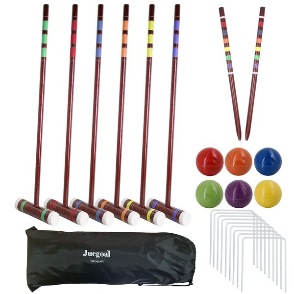 Juegoal Six Player Deluxe Croquet Set with Wooden Mallets, Colored Balls, Sturdy Bag for Adults &Kids, Perfect for Lawn, Backyard and Park, 28 Inch