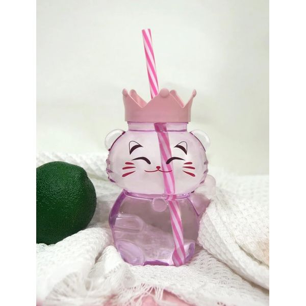 Drinking Water Bottle Cup with Straw and Lid, Adorable Cartoon Crown Fortune Cat Lucky Portable Juice & Beverage Cup, Perfect Birthday Gifts, BPA-Free Tumblers, (Pink)