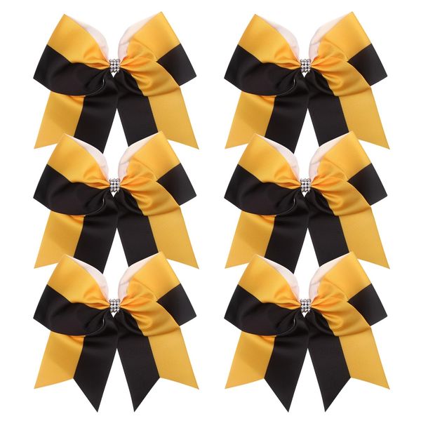 Cheerleader Bows 8 Inch Comb Color Ponytail Holder with Bling Fling Rhinestones Hair Tie Cheerleading Bows 6 Pcs (Black/Gold)