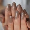 Brown Beige Medium Square Press On Nails - Glue On False Set - 24 piecess Kit