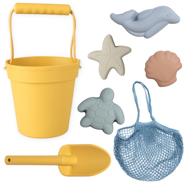 BLUE GINKGO Silicone Beach Toys - Modern Baby | Travel Friendly Beach Toys Set | Silicone Bucket, Shovel, 4 Sand Molds, Beach Bag | Sand Toys for Toddlers, Kids - Yellow