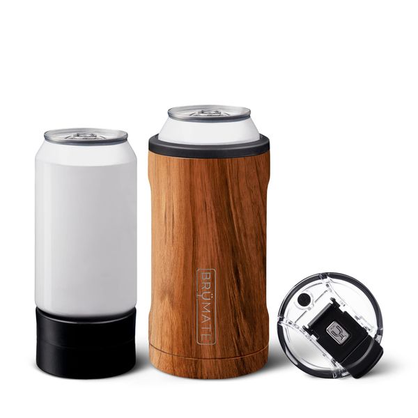 BrüMate Hopsulator Trio 3-in-1 Insulated Can Cooler for 12oz / 16oz Cans + 100% Leak Proof Tumbler with Lid | Insulated for Beer, Soda, and Energy Drinks (Walnut)