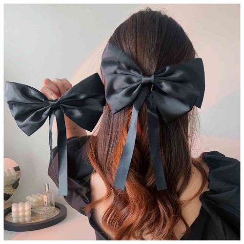 Yheakne Silk Bow Ponytail Holder Black Hair Tail Clip Vintage Long Tail Hair Bow Headpiece Bow French Hair Clip Headpiece Hair Accessories (Long Bow)