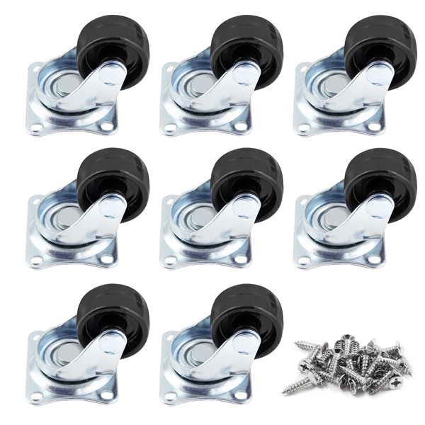 Luomorgo 1 inch Dia Swivel Caster Wheels Rubber Base with Rectangle Top Plate & Bearing Heavy Duty 8pcs