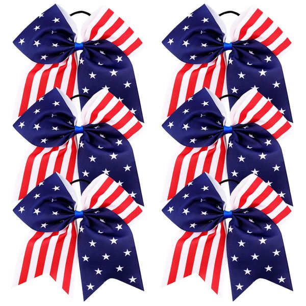 Oaoleer 7In USA Cheer Hair Bows Girls Grosgrain Ribbon Boutique Large Cheerleader Bow with Elastic Tie Band For Teens Kids Toddlers 6 Pcs (USA Cheer Bow F)