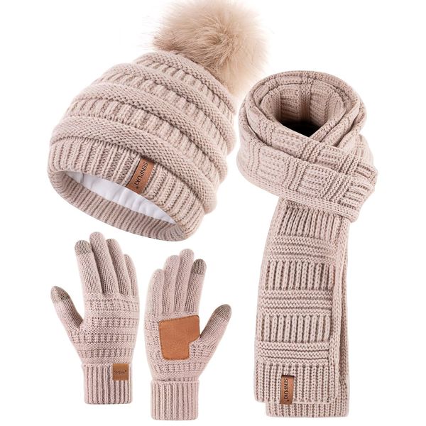 SENPUKI Womens Winter Beanie Hat Scarf Gloves Set, Cute Pom Pom Beanie with Warm Fleece Lined Long Knit Neck Scarf Touchscreen Gloves, 3 Piece Set for Cold Weather(Oatmeal)