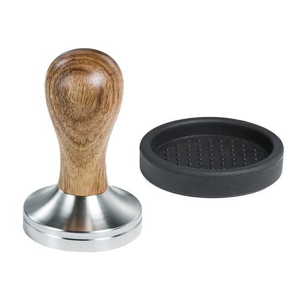 CreepyParty Coffee Tamper, 58mm Espresso Press with Mat 304 Stainless Steel Base Wooden Handle for Coffee Grounds Barista Espresso Machines Accessory