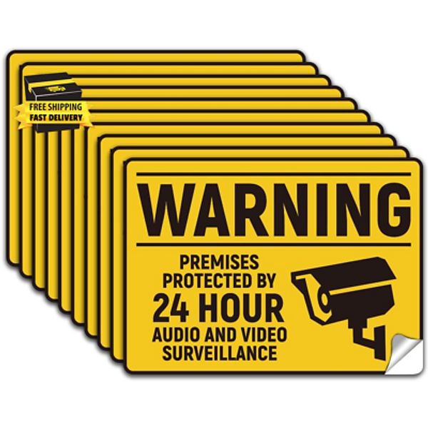 10 Sheets 5 X7 Inch 24 Hour Video Surveillance Sign, Self-Adhesive This Area Is