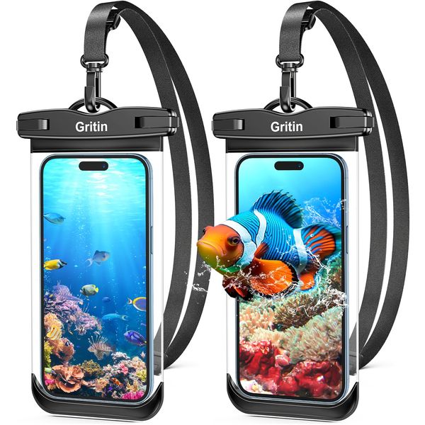 Gritin Wasserdicht Handyhülle, [2 Stück] IPX8 wasserdichte Handytaschen Unterwasser Hülle mit Sicherheitsschleife, Waterproof Phone Case bis 7.2" für iPhone 15 Pro Max, 14/13/12/11/XS, Galaxy S23/S22