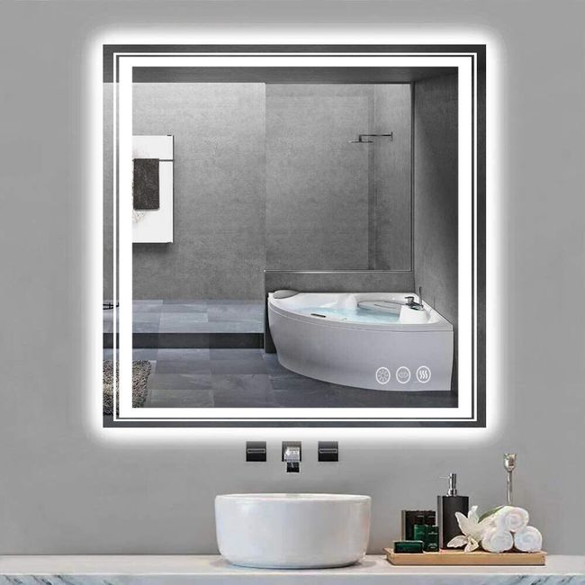 32x32" Square Led Bathroom Mirror Frameless Defogger Memory Touch Wall Mirror L