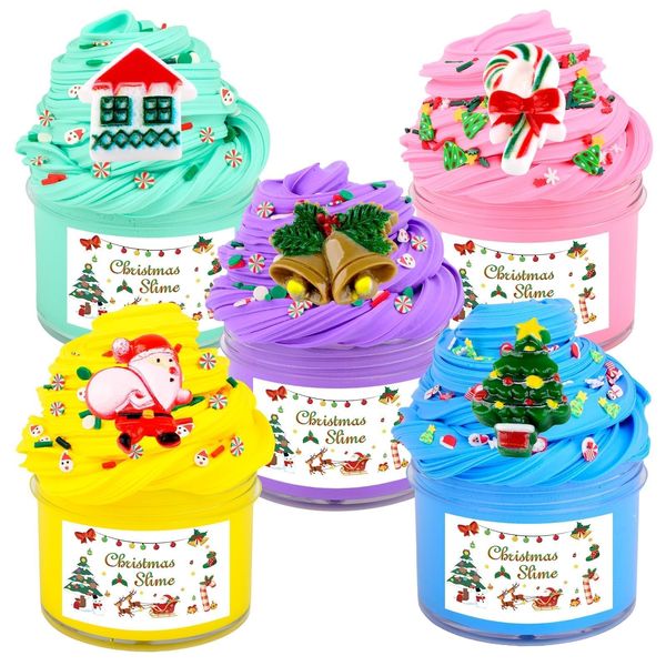 5 Pack Christmas Slime Kit, Butter Slime Kit for Girls Boys, Party Favors Slime Putty Toys for Kids, Slime Pack Cute Stuff Basket Goodie Bag Stuffers, Super Soft & Non-Stick