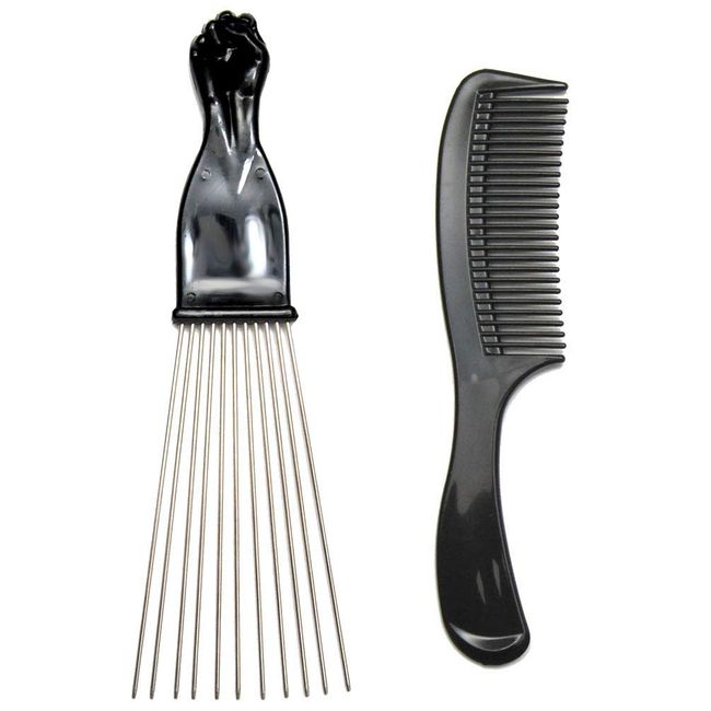 LUXXII (2 Pack) 8" Black Handle Comb and 9.25" Black Fist Metal Afro Pick Lift Hair Comb Detangle Wig Braid Hair Man Styling Comb