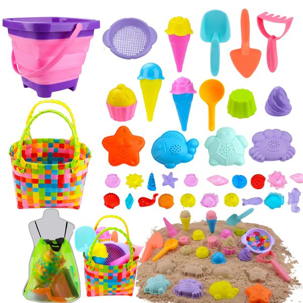 MUYIZI 22Pcs Beach Toys Set for Kids+25Pcs Acrylic Sea Animals, Collapsible Bucket，Shovel Set with Woven Basket Mesh Bag &Sand Molds, Ice Cream Muffin Sand Toys Travel Beach Toys for Toddlers