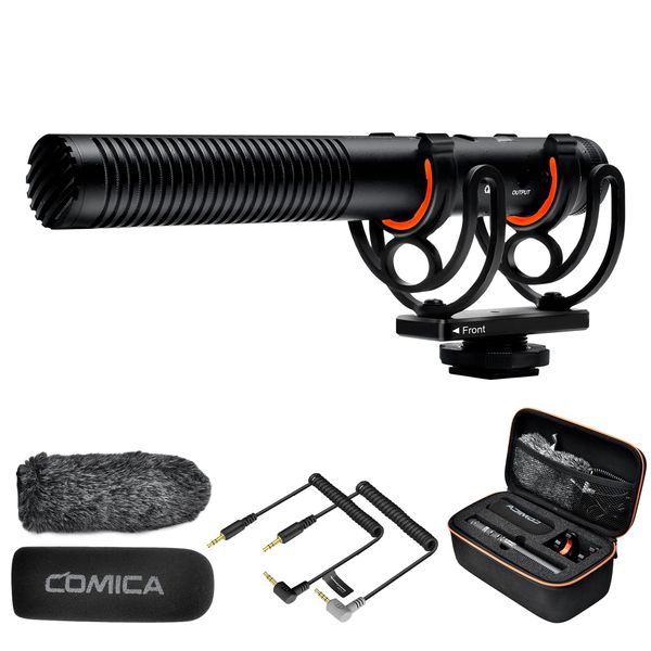 comica VM20 Gun Microphone, External Microphone, High Sensitivity Camera Microphone, 75/150 Hz Low Cut Mode, Stepless Gain Adjustment, 60 Hours of Usage, Ultra Unidirectional Shotgun Microphone,