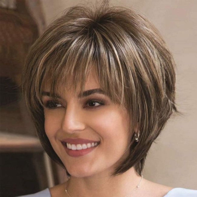 VINOBOW Short Hair Wigs For White Women with Blonde Highlights Natural Looking Hair Wig With Bangs