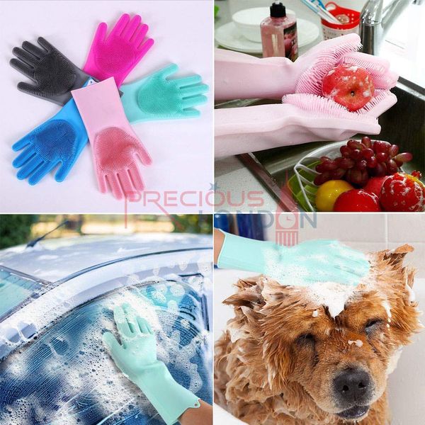 PRECIOUS LONDON Magic Silicone Dishwashing Reusable Gloves with Wash Bristles Scrubber Heat Resistant and Waterproof Gloves for Cleaning, Household, Kitchen and Pet Care x 1 Pair (Grey)