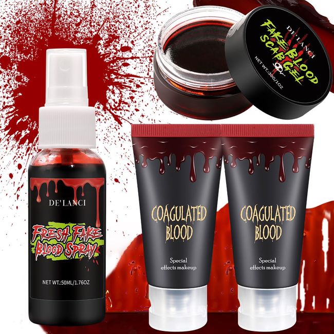 Fake Blood Washable, Fake Blood Makeup Kits- Fake Blood Spray(50ml), Fake Coagulated Blood (30g),Stage Blood(60ml),Halloween Makeup for Clothes,Face,Body Paint,Vampire,Zombie,Clown,Monster,Consumes