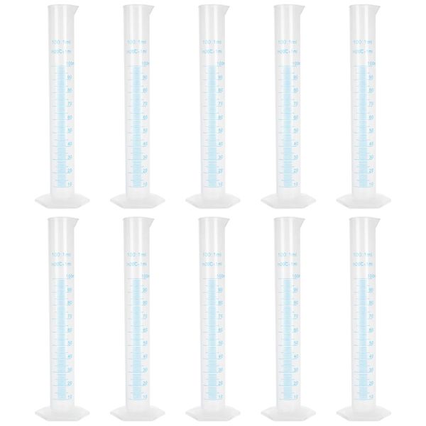 10 PCS Female Cylinder, 3.4 fl oz (100 ml), Chemical Scalpel Cylinder, Scientific Test Tube Beaker, Plastic, Transparent, Weighing, Double-Sided Metric, Marking with Blue Scale, Clear Hex Base, Chemical Measurement, Lab, Home Use, 15.3 oz (440 g)