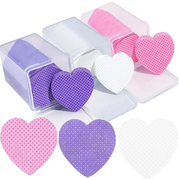 HWHUNO 600 PCS Lint Free Nail Wipes Heart Shape, Eyelash Extension Glue Wipes, Soft Non-woven Fabric Lash Glue Wipes, Nail Polish Remover Wipes for Lash Extension（White,Pink and Purple）