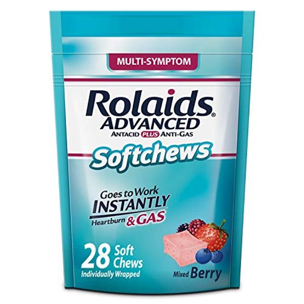 Rolaids Advanced Antacid Plus Anti-Gas Softchews, 28 Count, Mixed Berry, Heartburn and Gas Relief