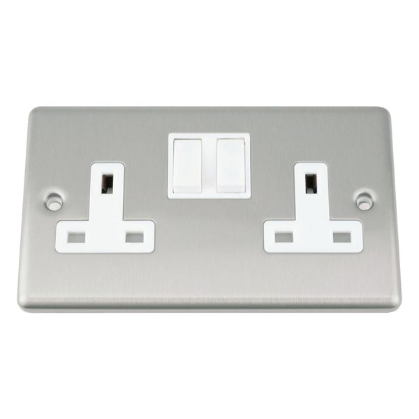 A5 Socket 2 Gang - Satin Matt Chrome Classic - White Insert - Plastic Rocker Switch