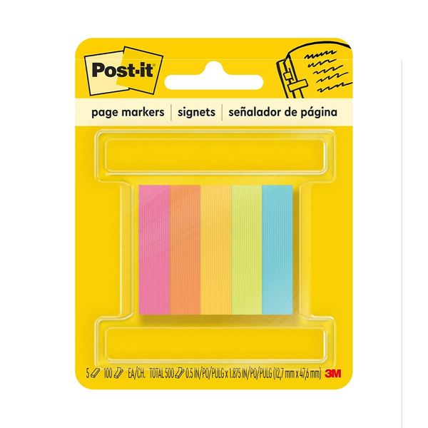 Post-it 6705AN Page Flag Markers, Assorted Brights, 100 Strips/Pad, 5 Pads/Pack