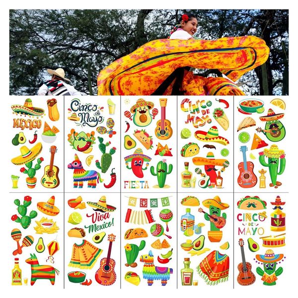 HIENAJ 10 Sheets Cinco De Mayo Temporary Tattoos Mexican Fiesta Tattoos Stickers Cactus Guitar Taco Pinata Tattoos for tattoo supplies kit Fiesta Party Supplies Favors Cinco De Mayo Decorations