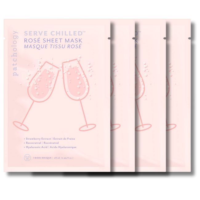 Patchology Serve Chilled Rosé Facial Sheet Mask with Hyaluronic Acid - Men and Women Face Masks Skincare Sheet for Moisturizing and Hydrating Skin - Best Face Sheets Moisturizer (4 Pack)