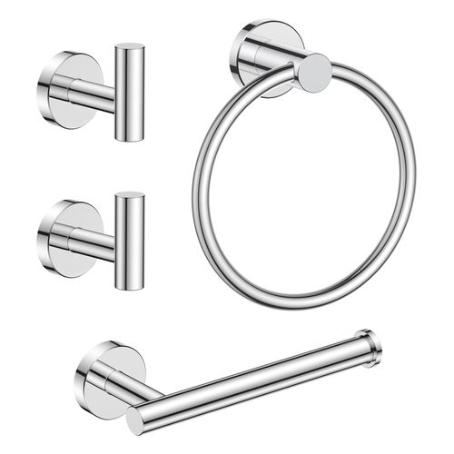 FORIOUS 4 Piece Polished Chrome Bathroom Accessories, SUS304 Stainless Steel Toilet Paper Holder and Hand Towel Holder Set, Wall Mounted Bathroom Hardware Set with Towel Ring and Hooks